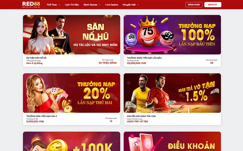 Khuyến mãi RED88 thưởng nạp, hoàn tiền, vòng quay trúng quàKhuyến mãi hấp dẫn nhà cái RED88