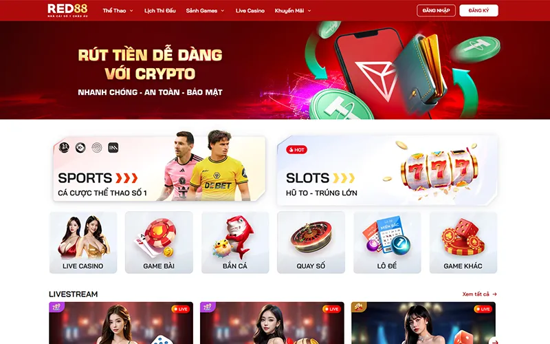 Giao diện trang chủ RED88 hỗ trợ đầy đủ tiếng Việt, dễ thao tácGiao diện chính nhà cái RED88 2025